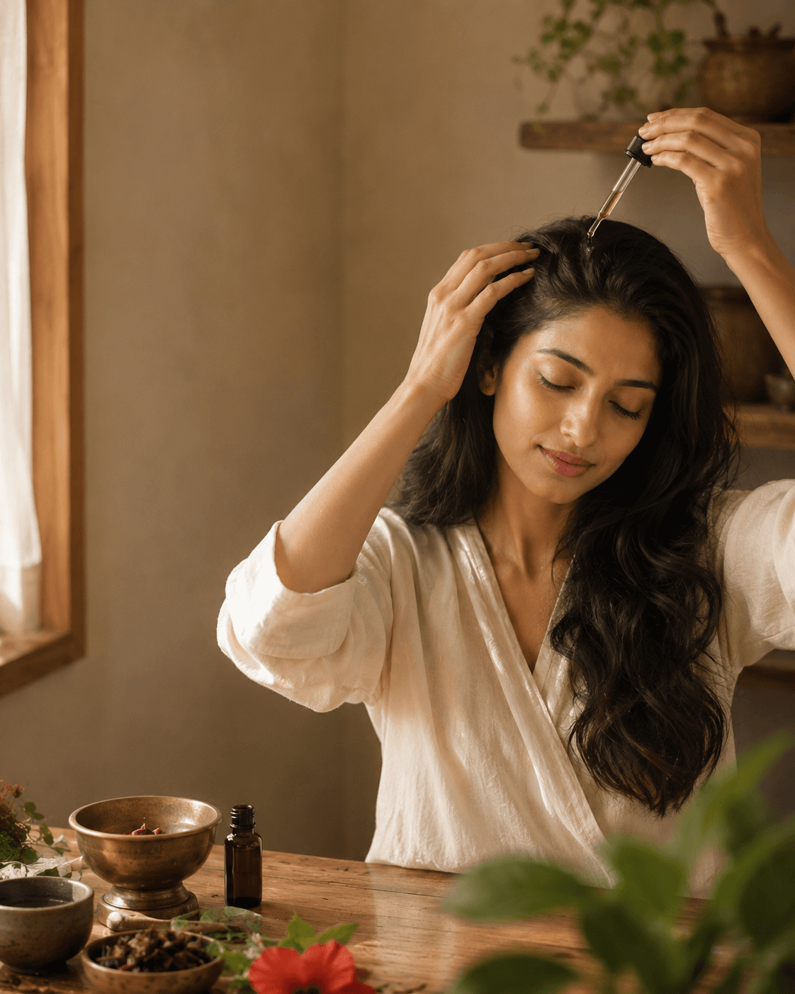 Warm intimate hair oil ritual in an Indian home for RUVS Naturals