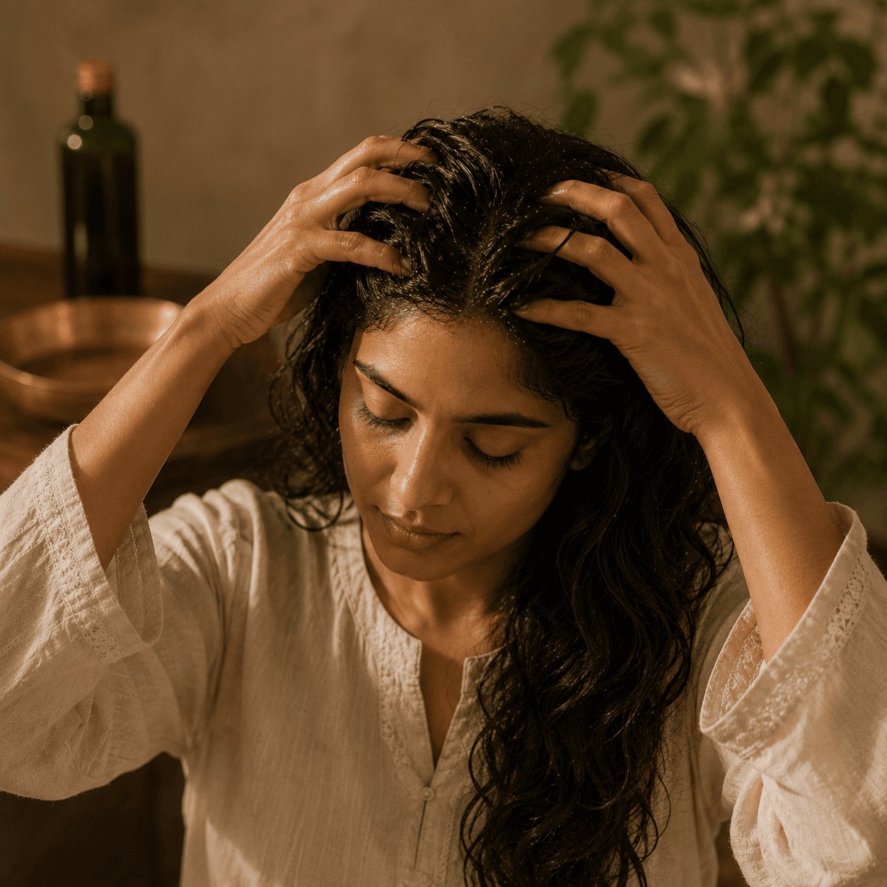 Slow scalp massage step during an Ayurvedic hair oiling ritual