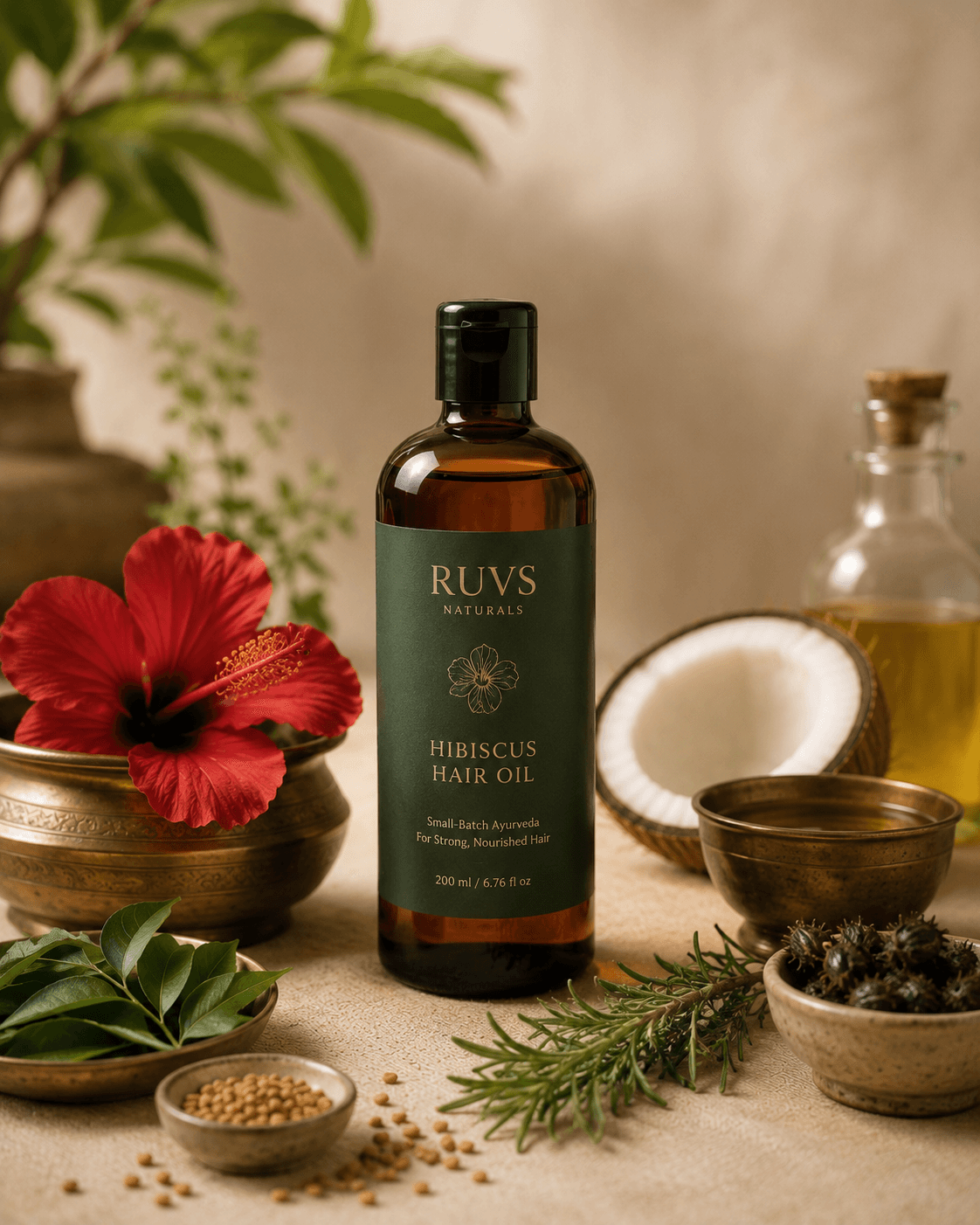 RUVS Naturals Hibiscus Hair Oil bottle surrounded by six botanicals