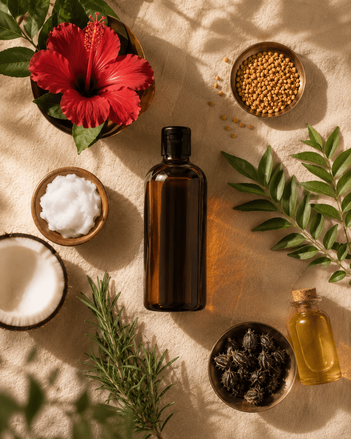 RUVS Naturals Hibiscus Hair Oil with hibiscus, fenugreek, curry leaves, rosemary, coconut, and castor oil