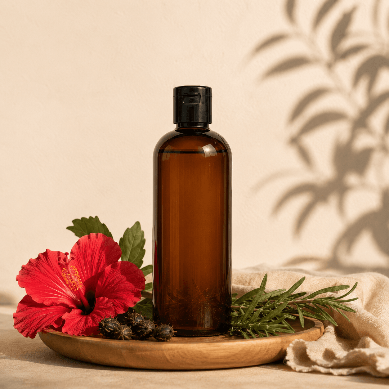 RUVS Naturals Hibiscus Hair Oil product shot on a warm cream background