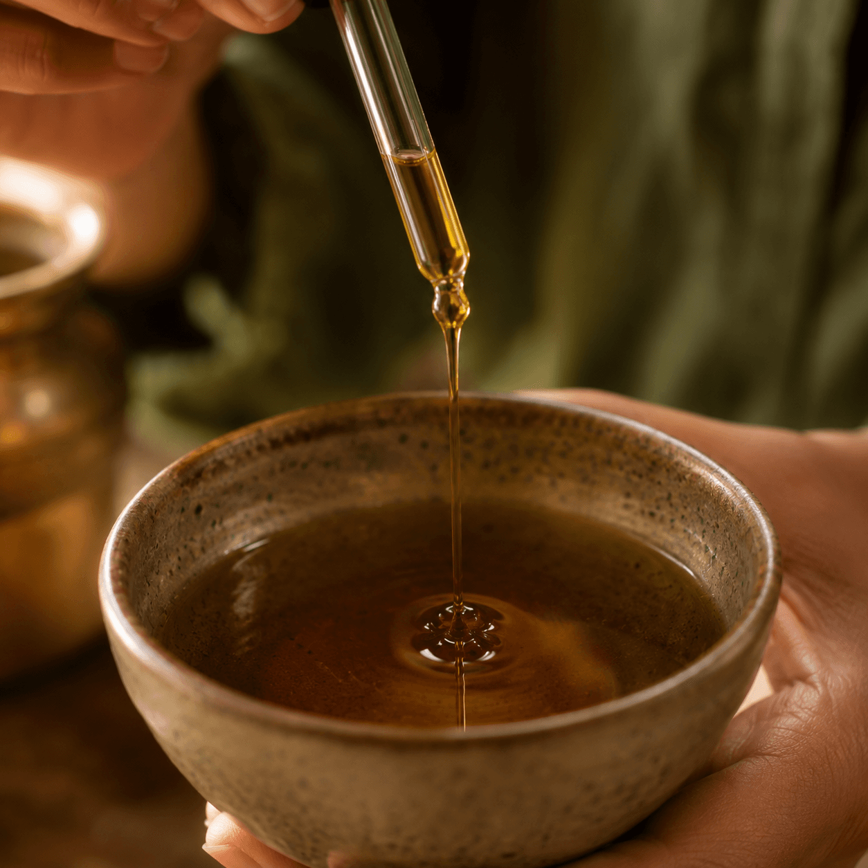 Amber hair oil texture pouring into a small ritual vessel