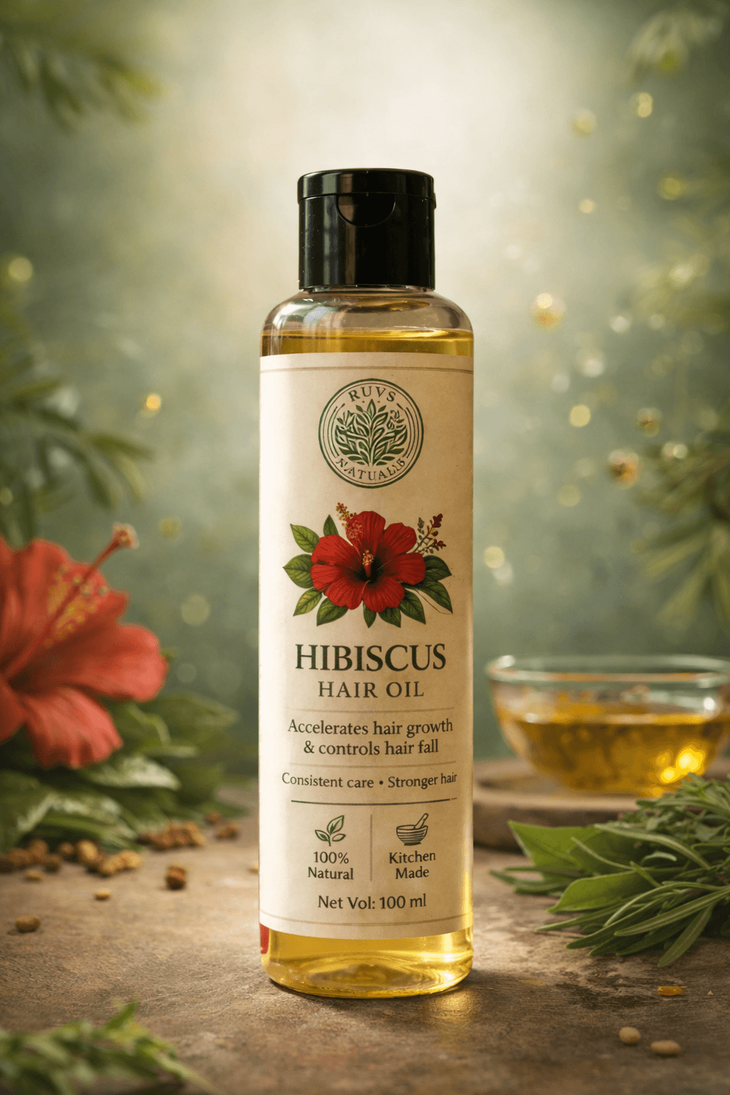 RUVS Naturals hibiscus hair oil bottle on a soft editorial background